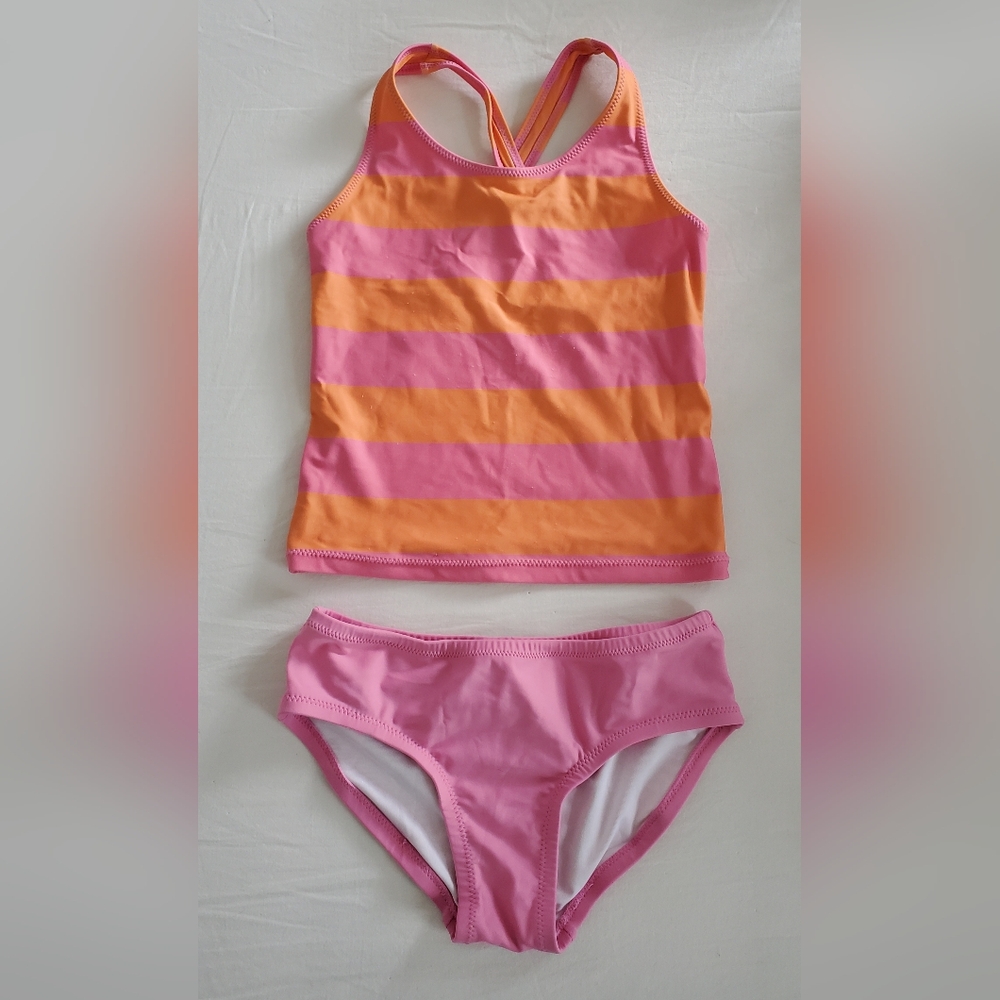 Primary Bubblegum/cantaloupe Striped Tankini Girls Size 6-7
